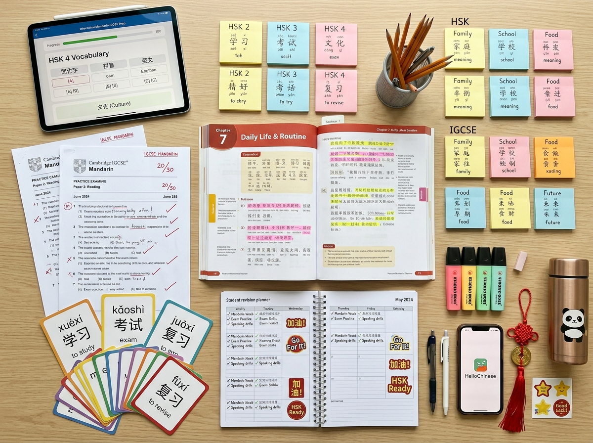 IB Mandarin study materials flat-lay