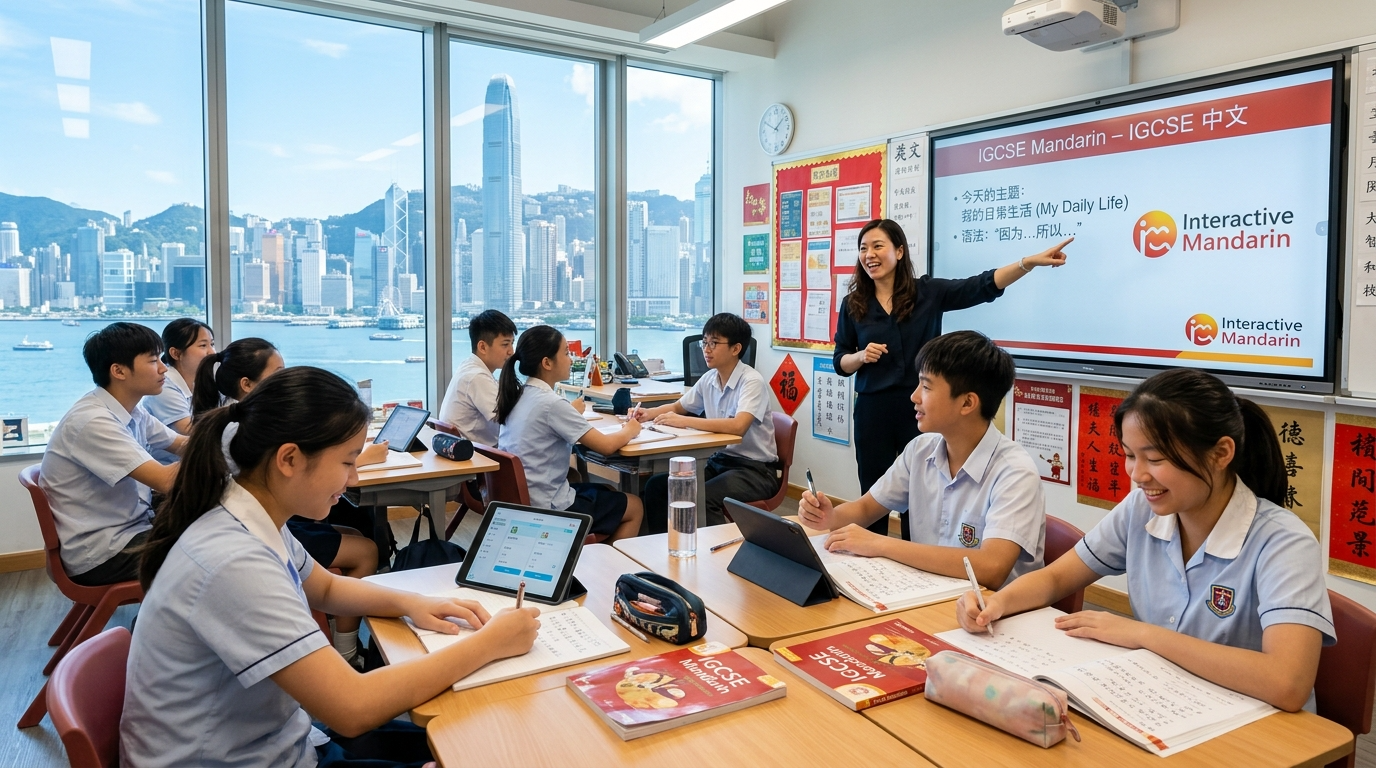 Bright modern IGCSE Mandarin classroom in Hong Kong