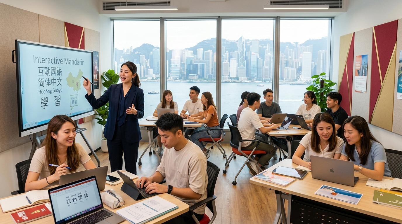 Professional Mandarin tutor teaching in a modern Hong Kong classroom